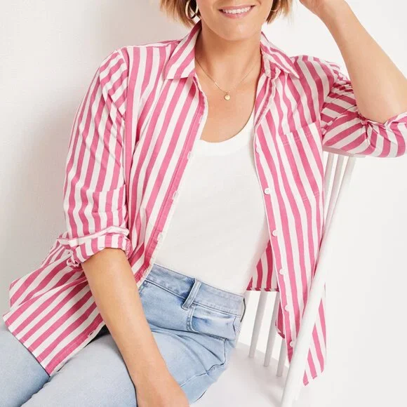 MAURICES Pink Striped Button Up Shirt White 100% Cotton Long Sleeve Button Down - Picture 3 of 16